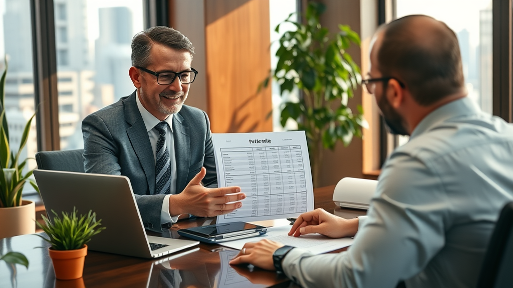 financial advisor presenting debt schedule to client in formal office