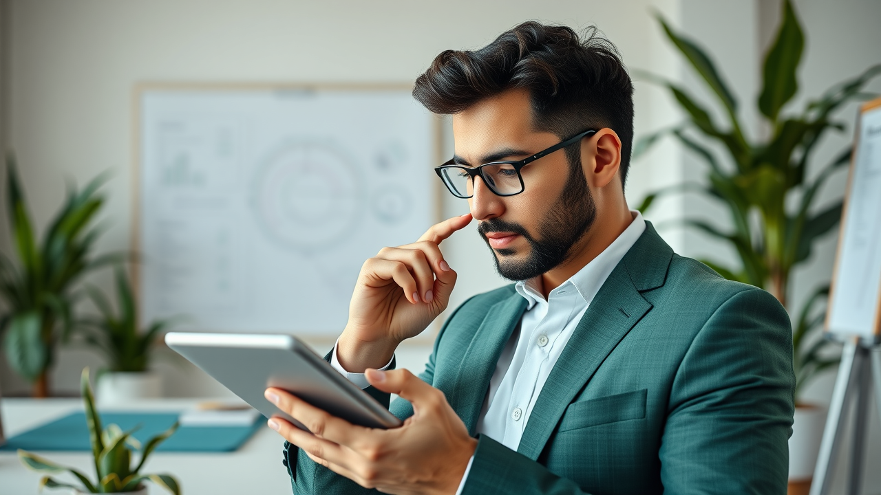 decisive small business owner using tablet for business financing assessment in a modern workspace
