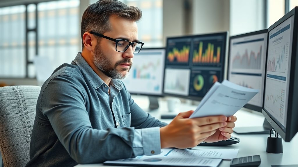 debt schedule business owner reviewing financial documents at a modern desk