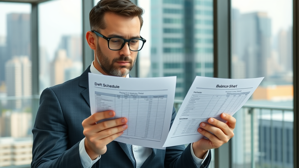Finance manager comparing debt schedule and balance sheet documents
